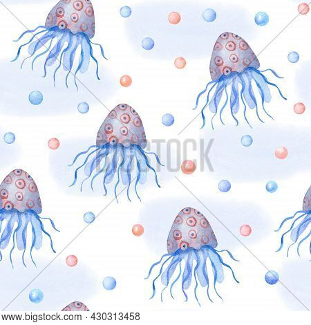 Watercolor Seamless Pattern With Jellyfish, Blue Spots And Pearls On White Background. Underwater Li
