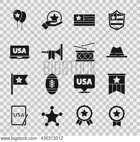 Set Medal With Star, American Flag, Man Hat Ribbon, Trumpet, Usa Laptop, Balloons And Drum And Drum 