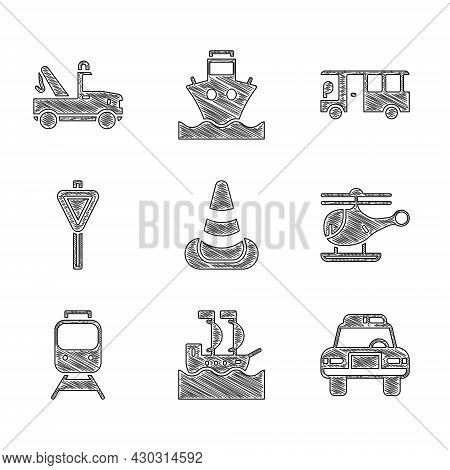 Set Traffic Cone, Sailboat, Police Car And Flasher, Helicopter, Train Railway, Road Traffic Signpost