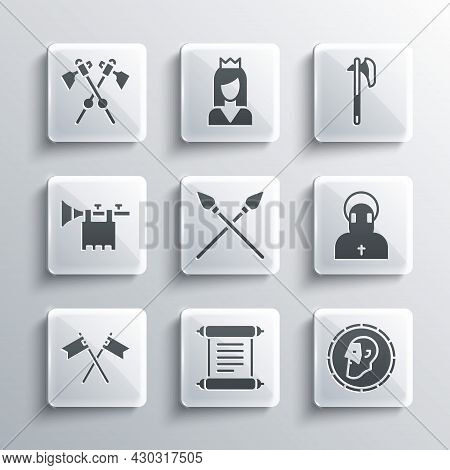Set Decree, Parchment, Scroll, Ancient Coin, Monk, Crossed Medieval Spears, Flag, Trumpet With, Axes