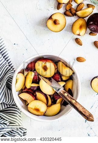 Ingredients for Almond plum galette food photography recipe idea