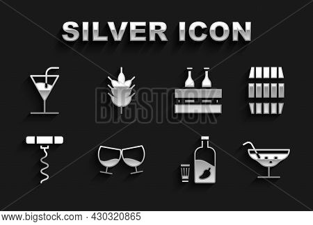 Set Glass Of Cognac Or Brandy, Wooden Barrel, Cocktail, Vodka With Pepper Glass, Wine Corkscrew, Pac