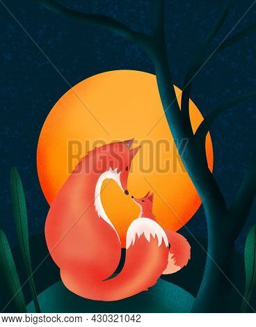 Fox And Fox Cub At Night In The Forest Against The Background Of The Moon And The Starry Sky In Cart