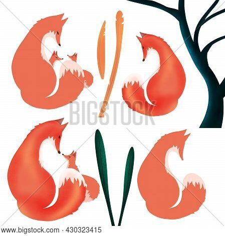 Fox And Fox Cubs Colored Silhouettes Isolated On White Background Grass And Tree Elements. Сartoon W