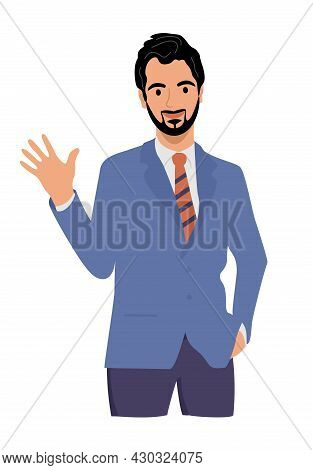 Heerful Businessman Waving Hello. Greeting Gesture. Guy, Man Waving Hand Saying Hi. Character Wave T
