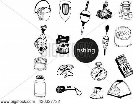 A Set Of Black Doodles On The Theme Of Fishing. Vector Illustration