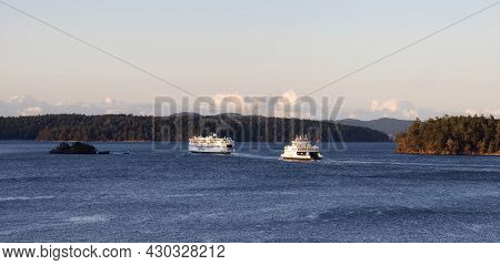 Victoria, Vancouver Island, British Columbia, Canada - August 7, 2021: Bc Ferries Boat Leaving The T