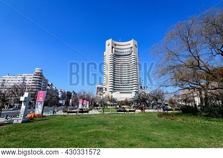 Bucharest, Romania - 27 March 2021: Tall Building Of Intercontinental Hotel Near The University Squa