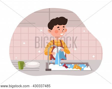 Boy Wash Dishes. Child Helps Mom To Cope With Household Chores. Son Cleans Up For Family After Delic