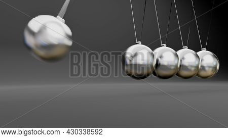 Newton Cradle With Balancing Pendulum Of Silver Metal Balls . 3D Render