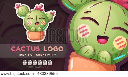 Cartoon Character Happy Cactus - Cute Sticker. Vector Eps 10