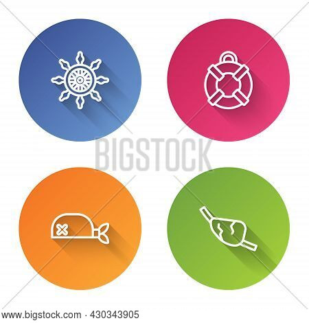 Set Line Ship Steering Wheel, Lifebuoy, Pirate Bandana For Head And Eye Patch. Color Circle Button. 