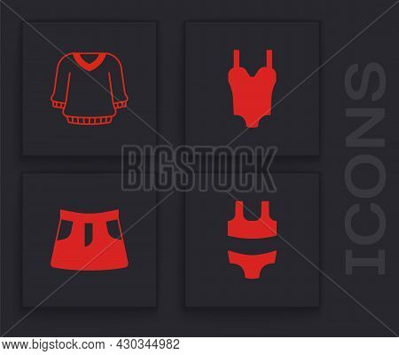 Set Swimsuit, Sweater, And Skirt Icon. Vector