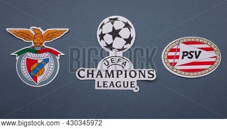8 August 2021 Lisbon, Portugal. The Emblems Of The Psv Eindhoven And S.l. Benfica Lisbon And The Uef