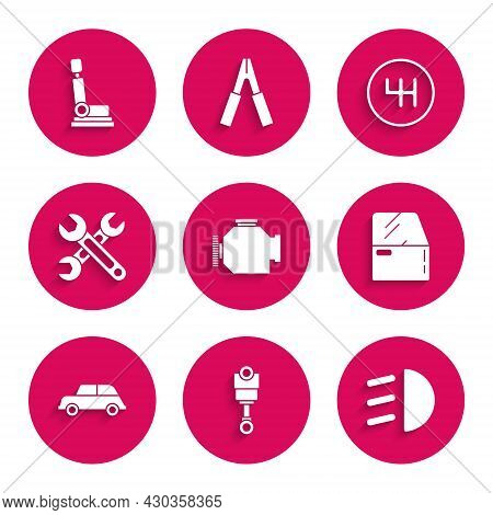 Set Check Engine, Engine Piston, High Beam, Car Door, Wrench, Gear Shifter And Seat Icon. Vector