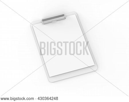 Clipboard With A4 Paper Mock Up On Isolated White Background, 3d Illustration