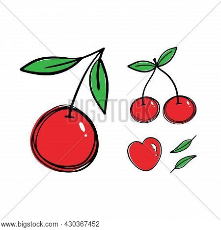 Set, Collection Of Doodle Red Cherres And Green Leaves Vector Cartoon Icon, Illustration.
