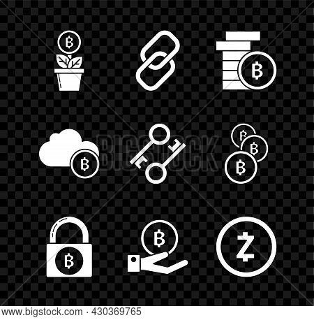 Set Bitcoin Plant In The Pot, Chain Link, Cryptocurrency, Lock With Bitcoin, Hand Holding, Zcash Zec