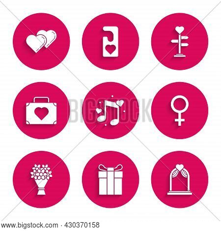 Set Music Note, Tone With Hearts, Gift Box, Wedding Arch, Female Gender Symbol, Bouquet Of Flowers, 
