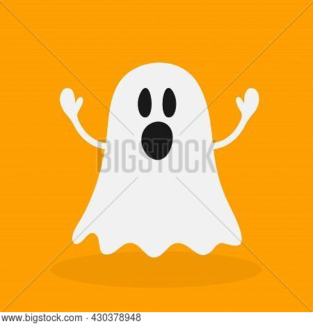 Ghosts In A White Sheet, Costume. Halloween Spooky Monster, Scary Spirit Or Poltergeist Flying In Ni