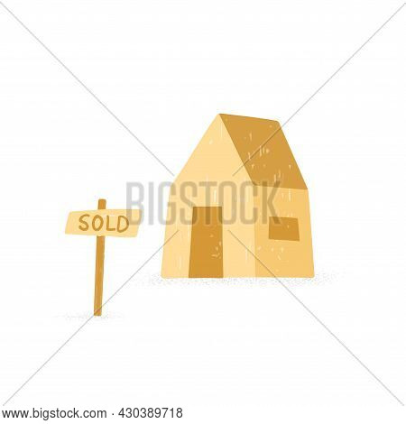 Colored Building With A Sign Sold. Concept Of Business In Real Estate, Mortgage, Rent. Orange House 