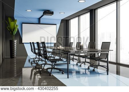 Office Room Interior With White Empty Roll Up Banner, Panoramic Window With City Skyscraper View, Co