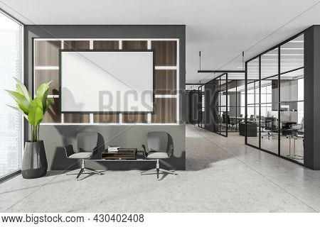 Framed Banner In The Panoramic Waiting Area Interior Near The Grey Corridor. Dark Wood Panels On The