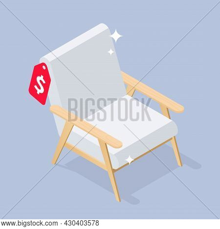 New Comfortable Chair Isometric Vector Illustration. Shiny Comfy Domestic, Office Furniture With Pri