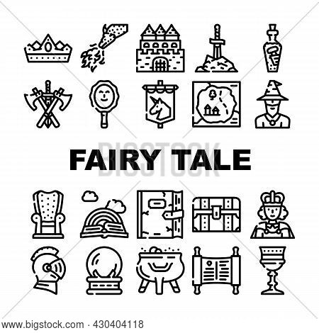 Fairy Tale Story Medieval Book Icons Set Vector. Castle And Knight Armour Equipment, Magician And Wi