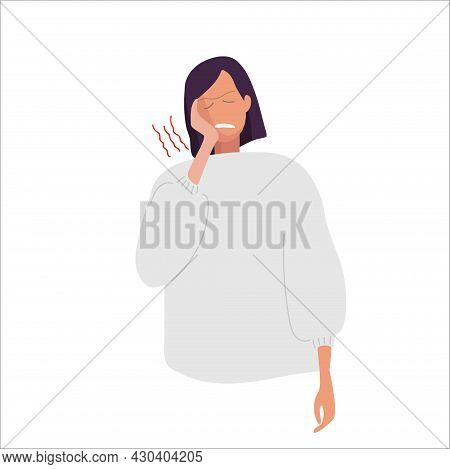 Toothache. Woman In White Sweater Presses Her Hand Against Her Jaw. Shes Experiencing Toothache. Gir