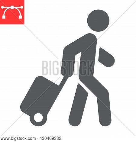 Person Pulling Luggage Glyph Icon, Migration And Tourist, Passenger With Rolling Bag Vector Icon, Ve