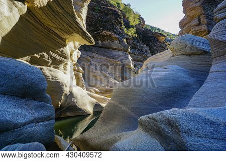 Tas Yaran Valley In Usak Turkey. Natural Rock Formations Created By The Flowing Water