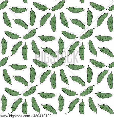 Seamless Pattern With Yammy Cucumbers On White Background. Vector Image.