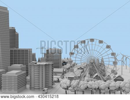 Black And White City On Bloe Background 3d-rendering