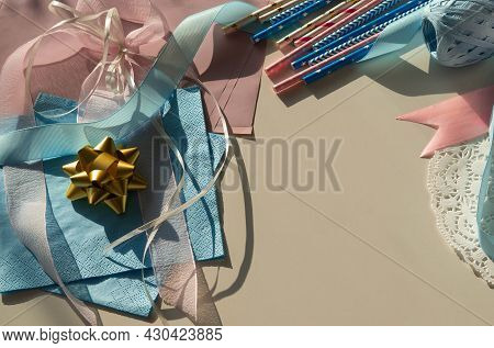 Decor With For Gender Reveal Party, Birth Child Baby Shower Concept Boy Or Girl, Top View.