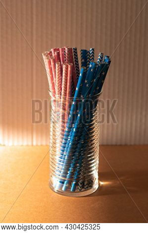 Color Straws For Gender Reveal Party, Birth Child Baby Shower Concept Boy Or Girl. Pink And Blue. To