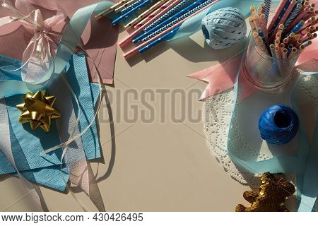 Decor With For Gender Reveal Party, Birth Child Baby Shower Concept Boy Or Girl, Top View.