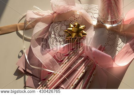 Top View Decor For Gender Reveal Party, Newborn Baby Shower Concept. Baby Girls Birthday. Pink And G