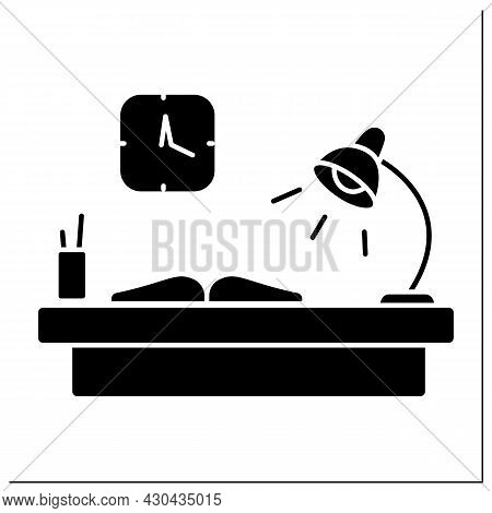 Workplace Glyph Icon. Comfortable Workplace With Table And Lamp. Furniture. Office Concept. Filled F