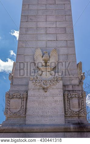 Jamestowne, Va, Usa - April 1, 2013: Historic Site. Closeup Of Third Side Of Tencentennial Monument 