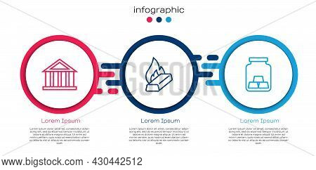 Set Line Bank Building, Molten Gold Being Poured And Gold Bars. Business Infographic Template. Vecto