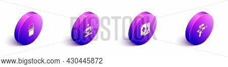 Set Isometric Sand In Bucket, Robot Toy, Playing Cards And Ray Gun Icon. Vector