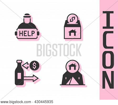 Set Tourist Tent, Help Homeless, Reception Of Glass Bottles And Donation And Charity Icon. Vector