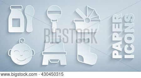 Set Baby Potty, Stroller, Little Boy Head, Socks, Rattle Baby Toy And Yogurt In Bottle With Spoon Ic