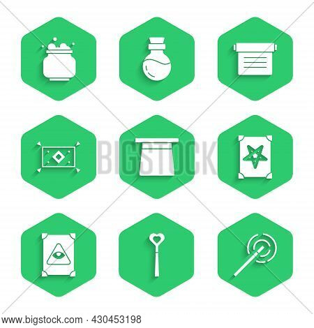 Set Magic Hat, Wand, Ancient Magic Book, Carpet, And Witch Cauldron Icon. Vector
