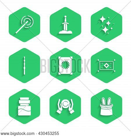 Set Ancient Magic Book, Magic Ball On Hand, Magician Hat Rabbit Ears, Carpet, Bottle With Potion, Wa