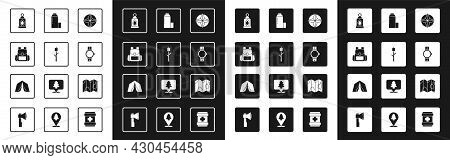 Set Wind Rose, Marshmallow On Stick, Hiking Backpack, Camping Lantern, Smartwatch, Thermos Container