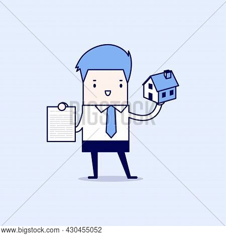 Businessman Real Estate Agent Holding House And Contract. Cartoon Character Thin Line Style Vector.