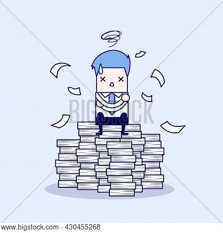 Businessman Tried And Stressed On Paperwork. Cartoon Character Thin Line Style Vector.