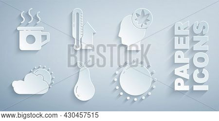 Set Pear, Human Head With Leaf, Sun And Cloud Weather, Meteorology Thermometer And Cup Of Tea Icon. 